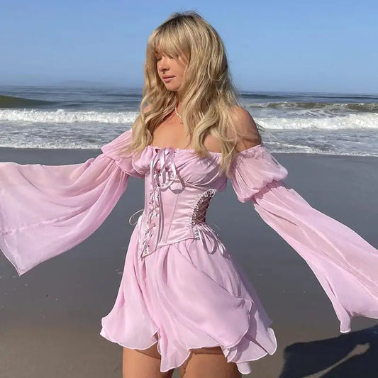 Pink Chiffon Summer Dress with Corset Detail